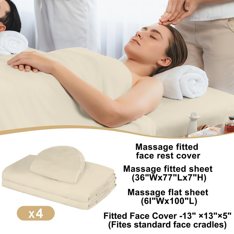 4 Sets Premium Microfiber Massage Table Sheets Set 3 Piece Set Includes Massage Table Cover Fitted Sheet and Fitted Face Rest Cover, Beige