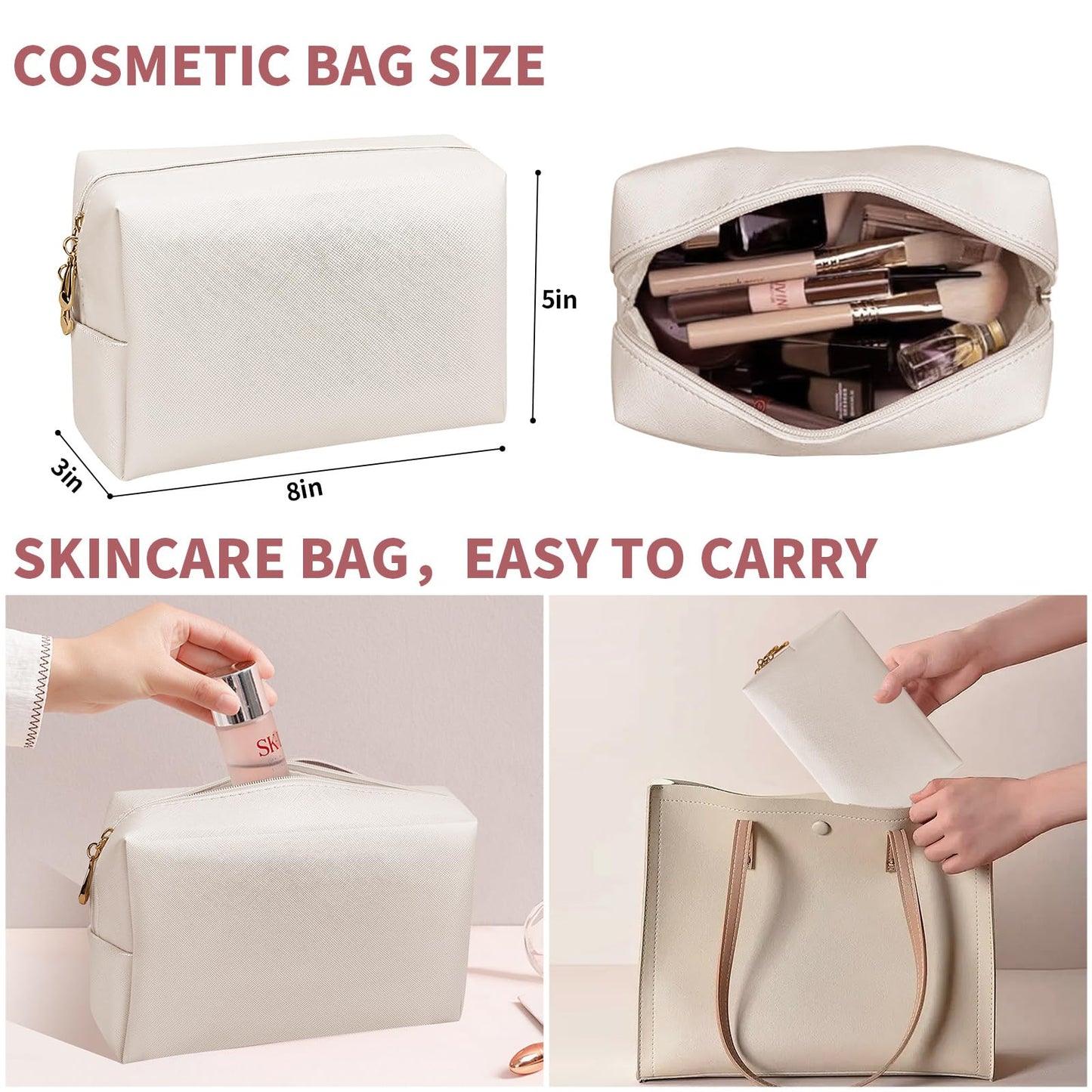 SMONT Makeup Bag for Women, PU Leather Cosmetic Pouch Skincare Make Up Beauty Bag Waterproof Beige