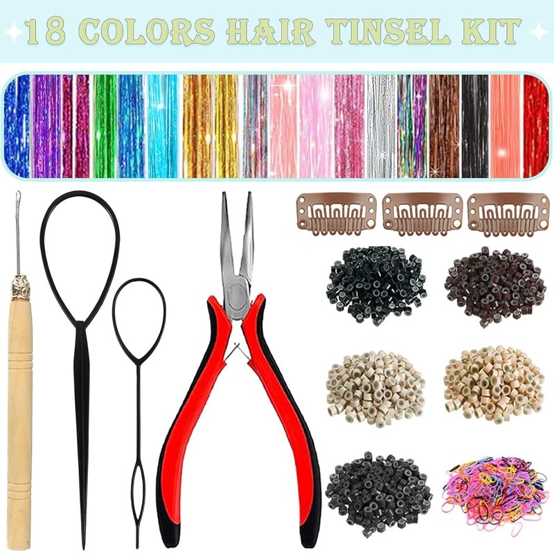 Skiennix Hair Tinsel Kit - 18 Colors of Holographic Hair Extensions | Heat Resistant Glitter for Festivals