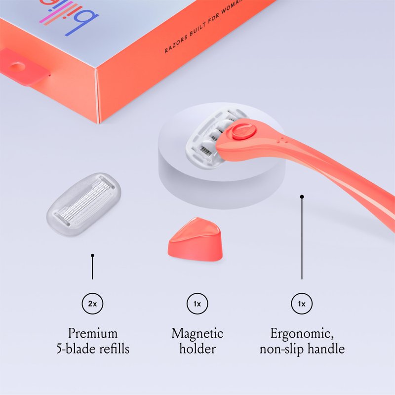 Billie Women’s Razor Kit, 1 Handle + 2 Blade Refills + Magnetic Holder, Coral