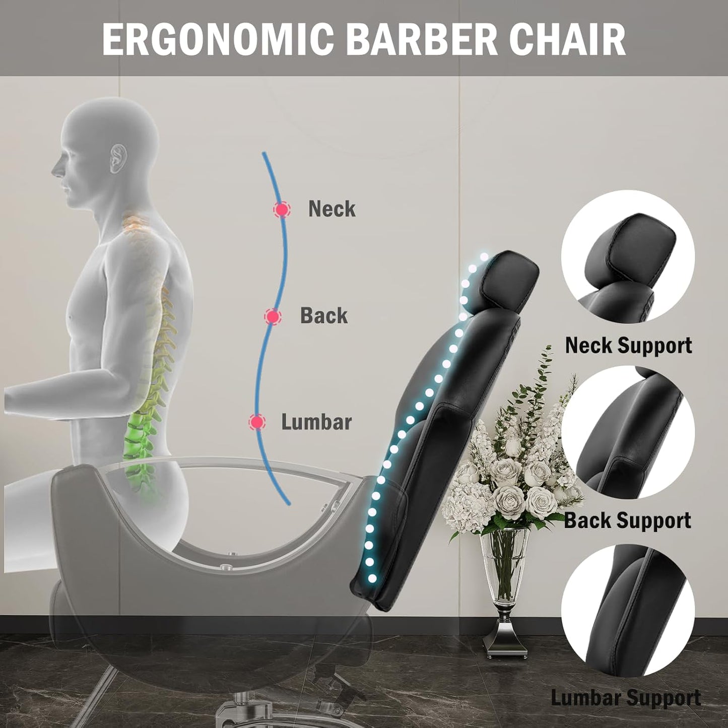 Skiennix Reclining Salon Chair - Heavy Duty Barber Chair with Adjustable Headrest | 360° Swivel, Black Silver, 440Lbs Capacity