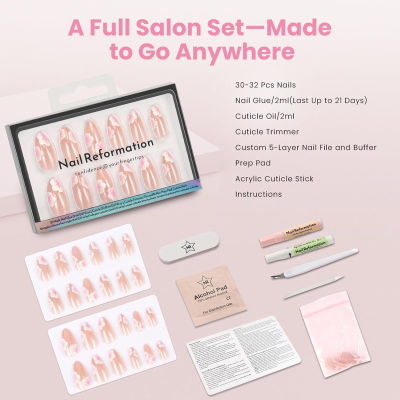 Nail Reformation Press On Nails, Sakura Glow | Medium Almond Fake Nails with Cherry Blossom on Glossy Pink, Salon Quality, Reusable Stick On Nails in 15 Sizes - 30 Nail Kit with Glue, Gifts for Women