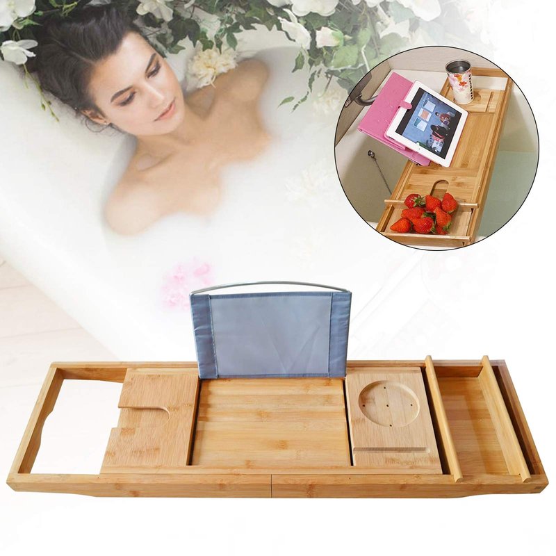 Bamboo Bathtub Tray Expandable Bathroom Tray for Home Spa Relaxation, Premium Foldable Wood Bath Table, Soap Dish, Book, Phone & Tablet Holder, Wine Glass Slot - Relaxing Bath Caddy