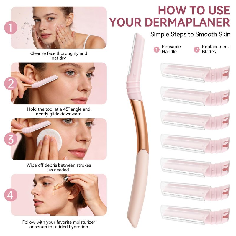 Eyebrow Razor and Face Razor for Women, Reusable Metal Handle with 7 Refill Blades, Dermaplane Razor with Protective Silicone Cap, Eyebrow Hair Trimmer