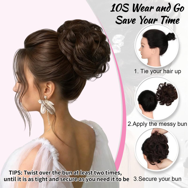NEOWIG 2PCS Messy Bun Hair Piece for Women Wavy Curly Hair Bun Hair Pieces Synthetic Updo Chignon Fake Scrunchies Ponytail Extension for Daily Dark Brown
