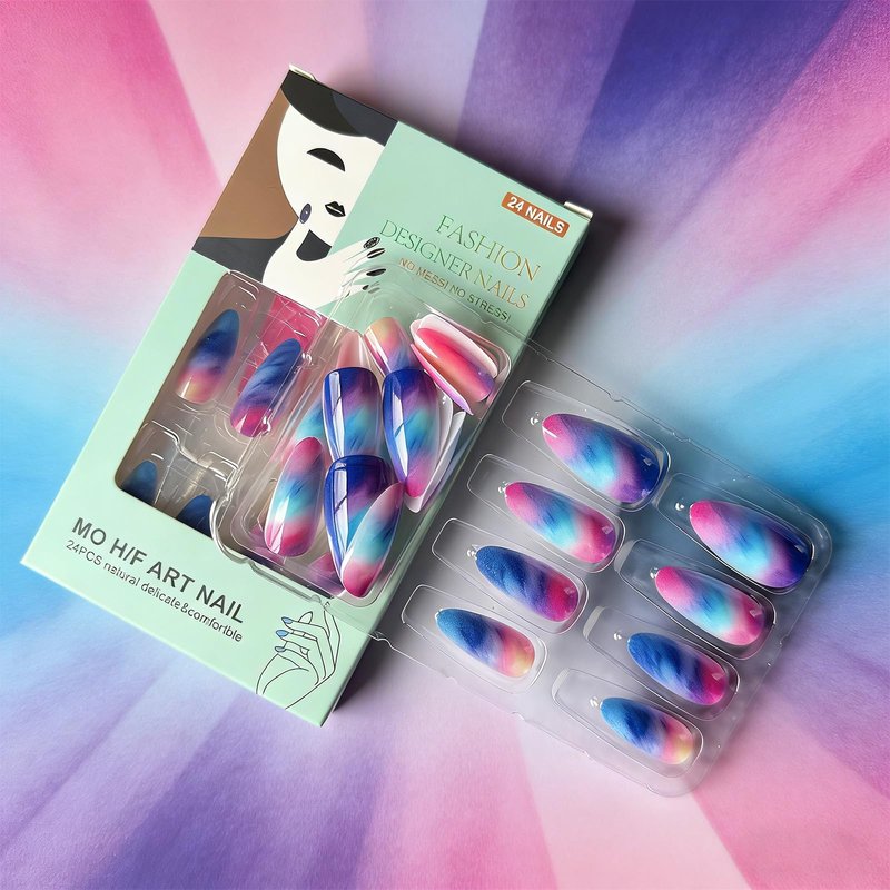 Colorful Gradient Press on Nails Medium Almond Fake Nails Summer Sunset False Nails Reusable Glossy Glue on Nail with Adhesive Stickers Full Cover Stick on Nail for Women 24Pcs