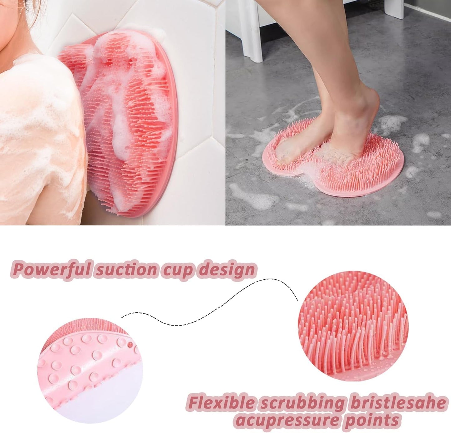 ZSKXYRUS Shower Foot Scrubber Mat, Silicone Foot & Back Scrubber for Shower with Non-Slip Suction Cups and Storage Hooks,Foot Massager Cleaner for Men and Women Use (Blue) (Pink)
