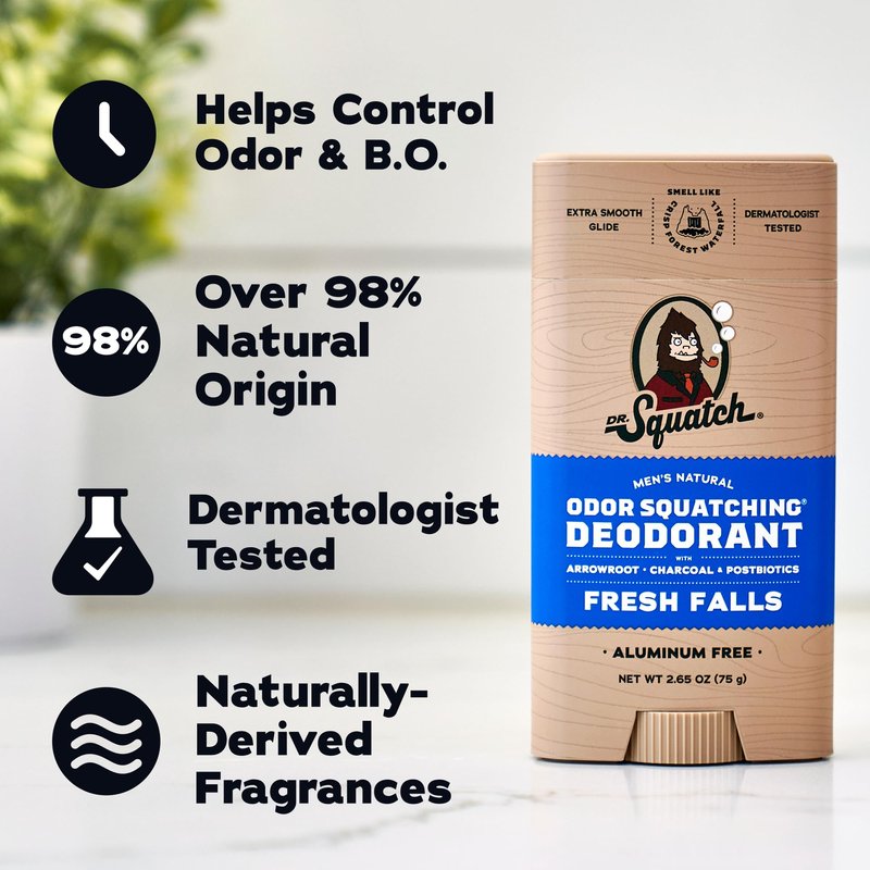 Dr. Squatch Natural Men’s Deodorant – Aluminum Free Natural Deodorant Men with Charcoal & Postbiotics for 72-Hour Odor Protection – Fresh Falls, 2.65oz Stick (3-Pack)