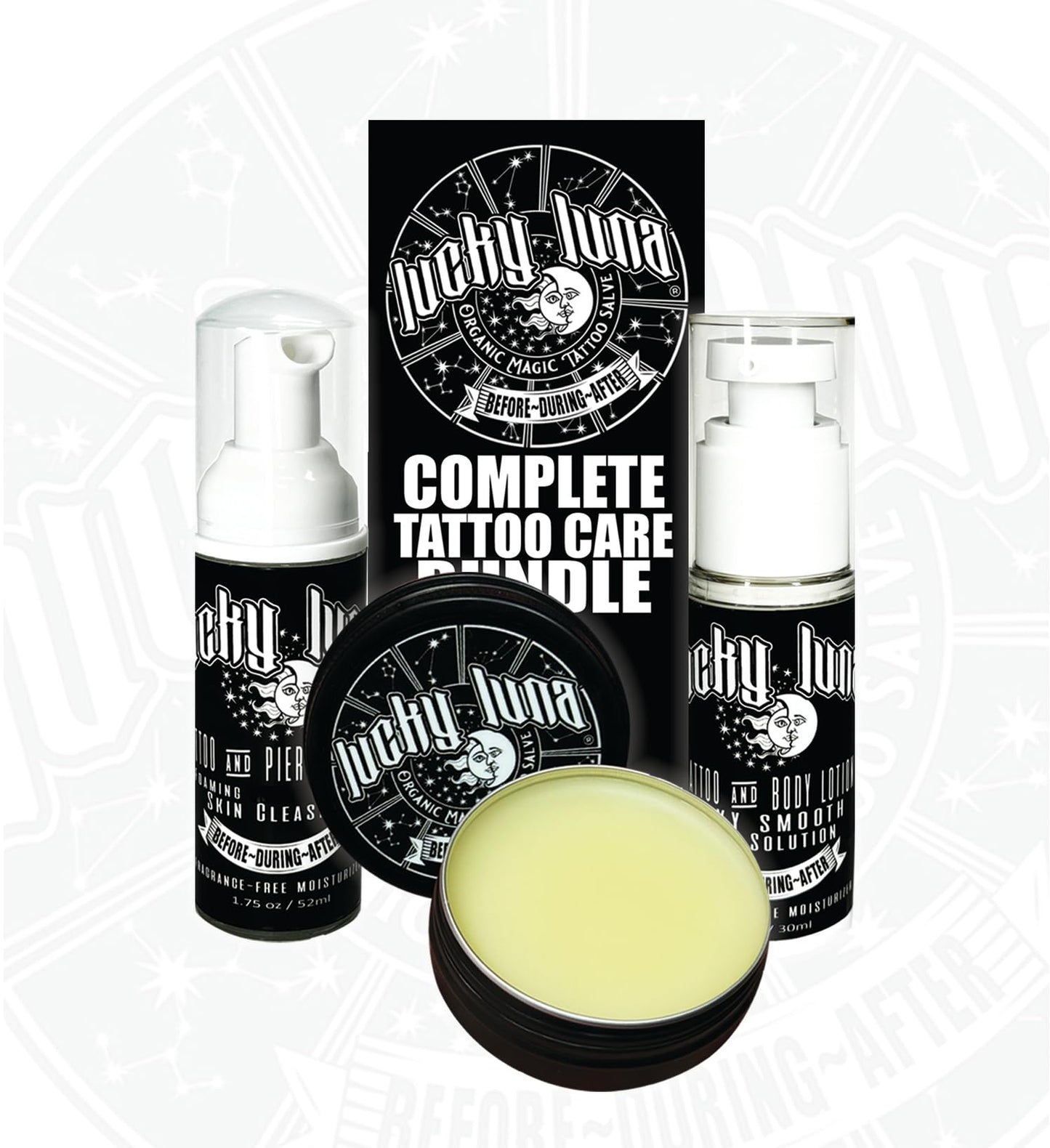 LuckyLuna Complete Tattoo Care Bundle, Aftercare Kit, Includes Foaming Soap, 1oz Organic Magic Salve, Tattoo and Body Lotion, Professional Healing