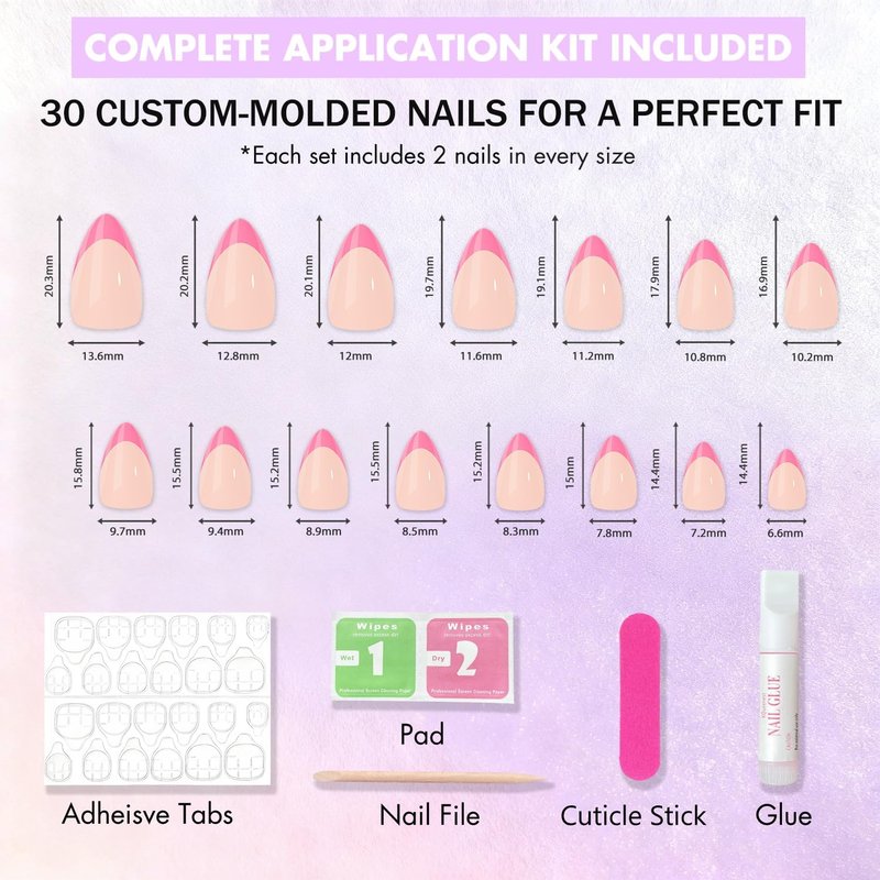 Press On Nails Short Almond - White French Tip Fake Nails with Glue | 15 Sizes, Realistic Soft Gel Design