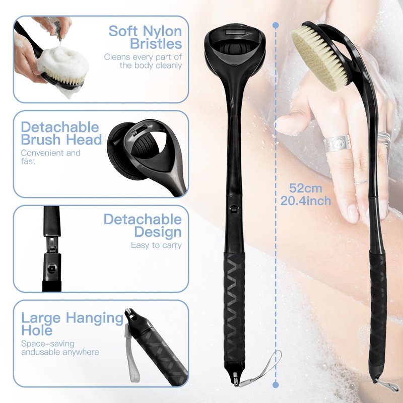 Back Scrubber for Shower, 20.4” Long Handle Shower Back Brush with Removable Soft Bristle Head, Non-Slip Bath Brush for Body, Deep Exfoliating Back Washer for Men & Women
