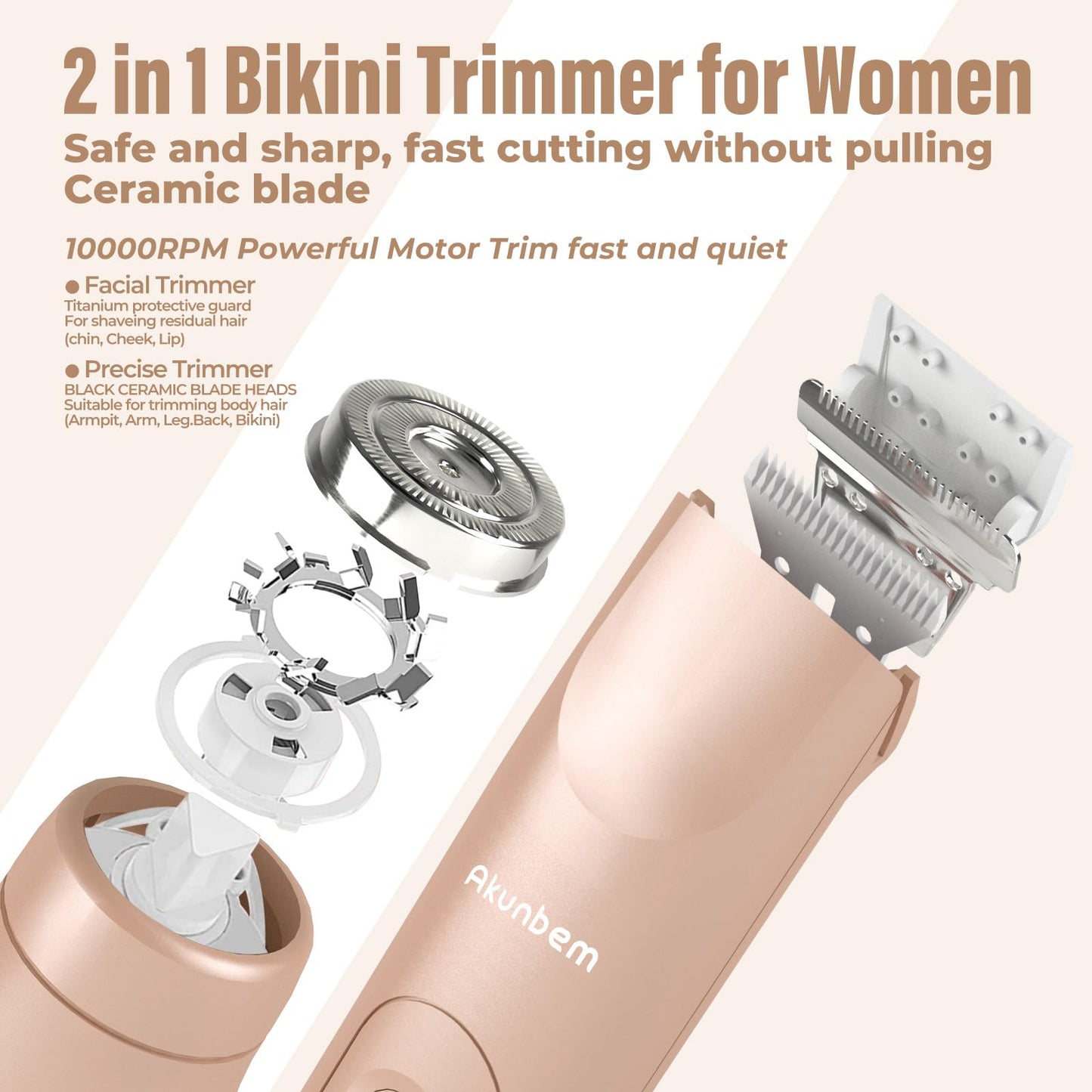 Bikini Trimmer for Women - 2 in 1 Electric Razors for Women - Dual Head Electric Shaver - IPX7 Waterproof Wet & Dry Use Body Hair Trimmer and Facial Hair Remover for Bikini Underarm Leg Arm (Gold)