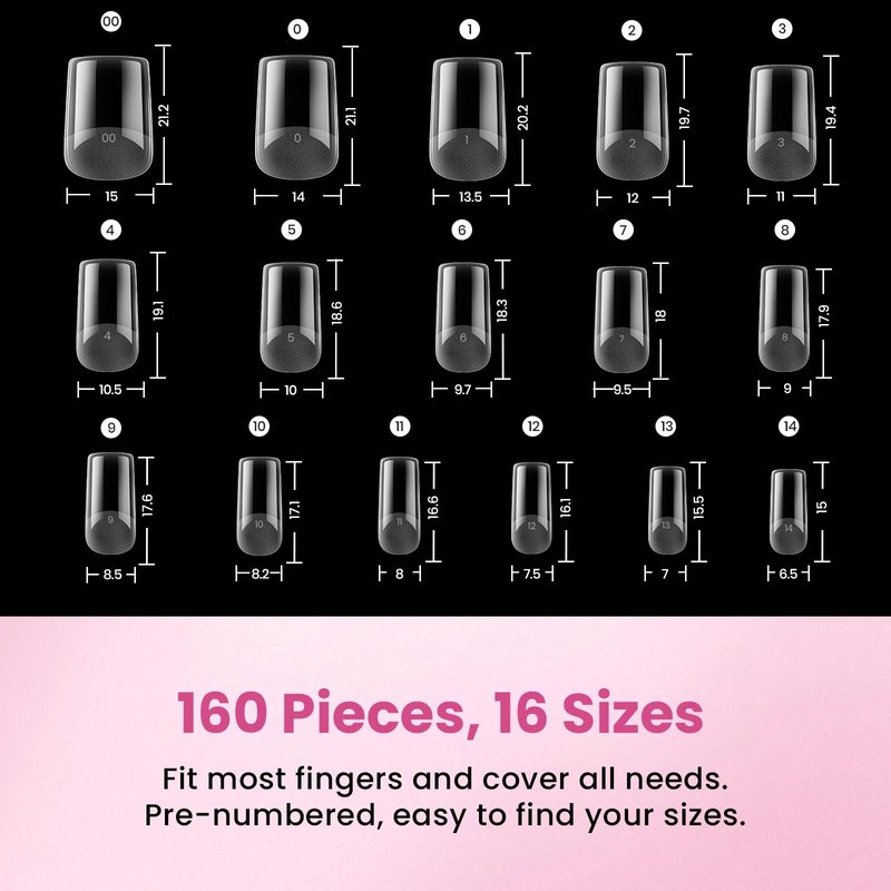 Beetles Gel Nail Tips Flat-X - Square Short, 160pcs 16 Sizes, Pre-Etched Half Matte Full Cover Soft Acrylic False Nail Tips Clear Press on Easy DIY Extension Salon for Flat & Natural Nail Beds