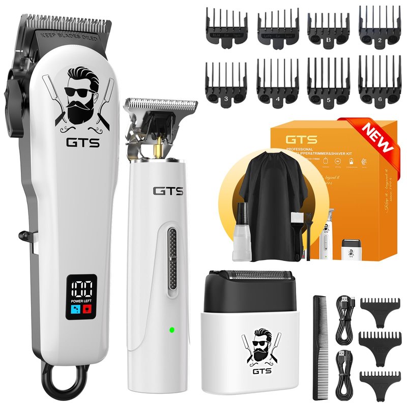GTS PRO Hair Clippers for Men Professional Cordless Haircut Kit with Beard Trimmer Set, with IPX7 Electric Shavers, LED Display Rechargeable Barber Clippers for Home Use Gifts White
