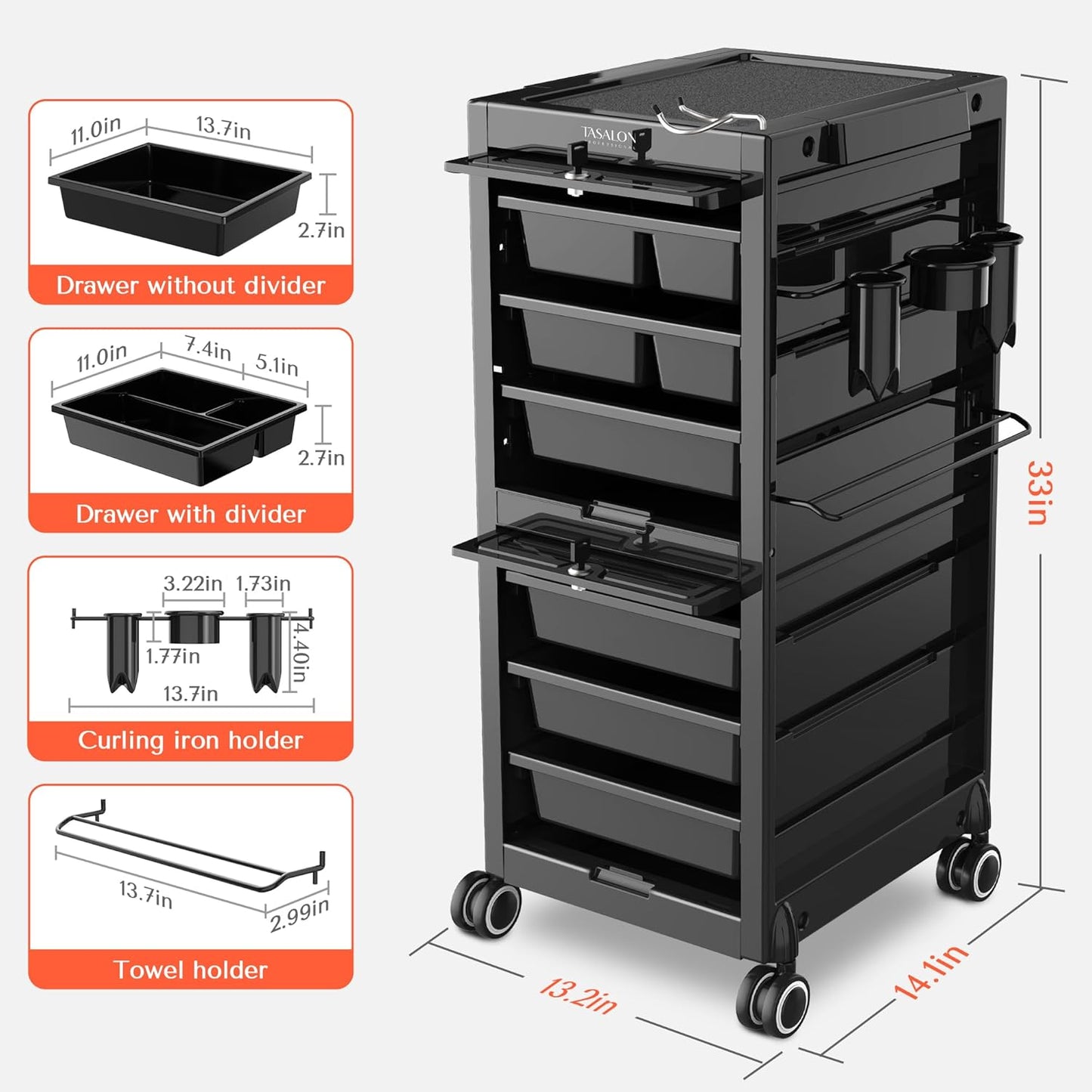 TASALON Lockable Salon Trolley - 6-Drawer Rolling Beauty Cart with Tool Holders | Mobile Hair Stylist Station in Black