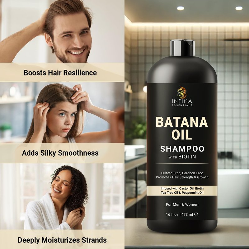 INFINA ESSENTIALS Batana Oil Shampoo | 16 fl oz | with Biotin & Tea Tree | Moisturizing, Strengthening & Nourishing Formula | Promotes Hair Growth and Thickness