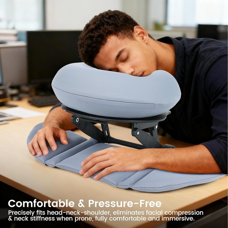 Cool Memory Foam Pillow - Adjustable Ergonomic Neck Support for Office & Travel | Slate Blue with Black Stand