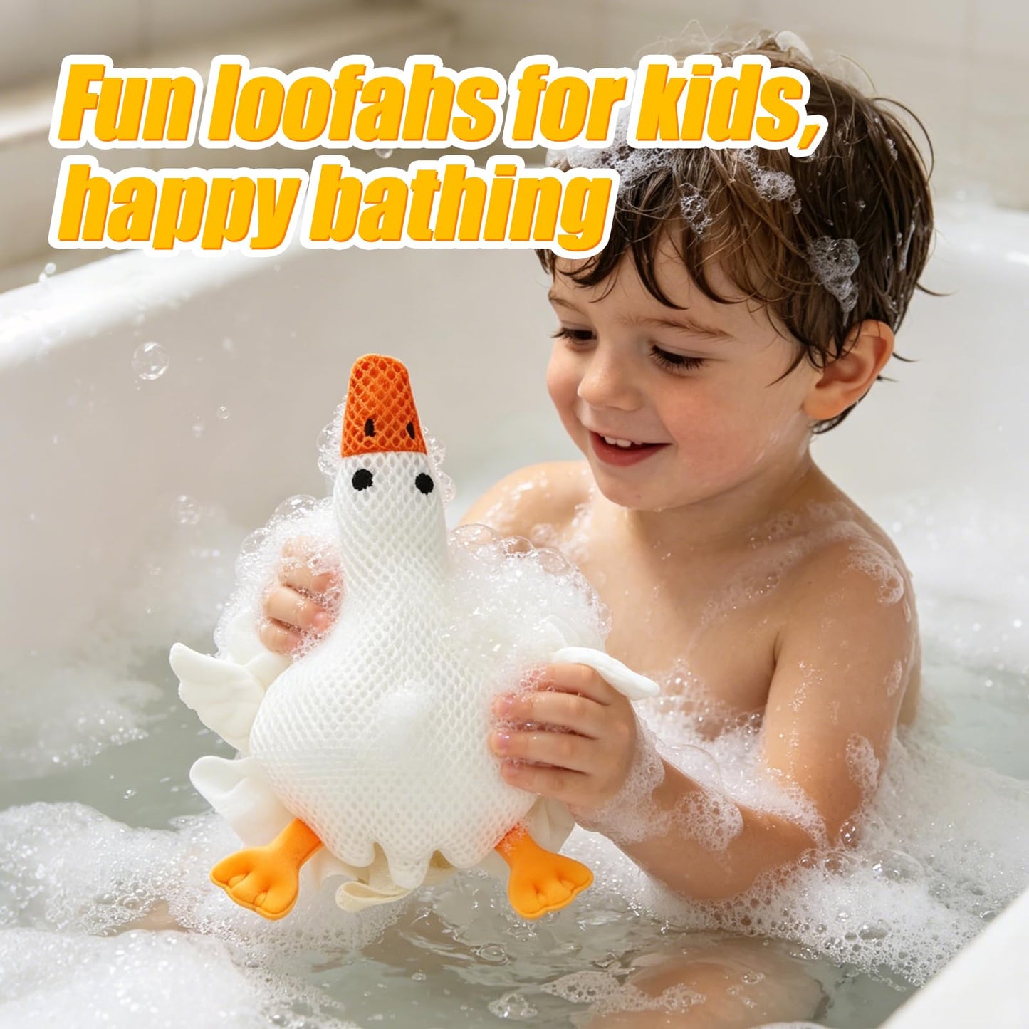 Kids Loofah, Cute Cartoon Animal Kids Bath Sponge with Hanging Rope, Soft Double Mesh for Rich Lather
