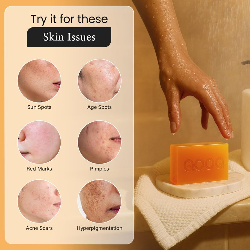 QOOQ Turmeric Kojic Acid Soap for Dark Spots Remover – Facial Cleansing Bar with Vitamin C, Retinol, Collagen, Vitamin E, Glycerin, Shea Butter & Castile Olive Oil – Soap for Women & Men (120g x 4)