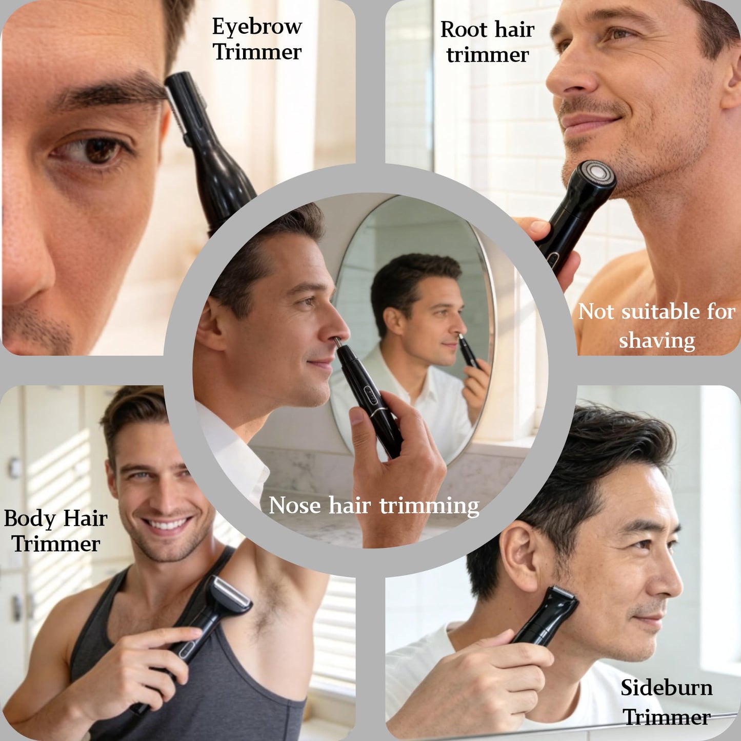 RFSCDI 5-in-1 Nose Hair Trimmer for Men, USB-C Rechargeable Painless Eyebrow & Facial Trimmer, IPX7 Waterproof Electric Grooming Kit, LED Display with 5 Blade Heads, Classic Black