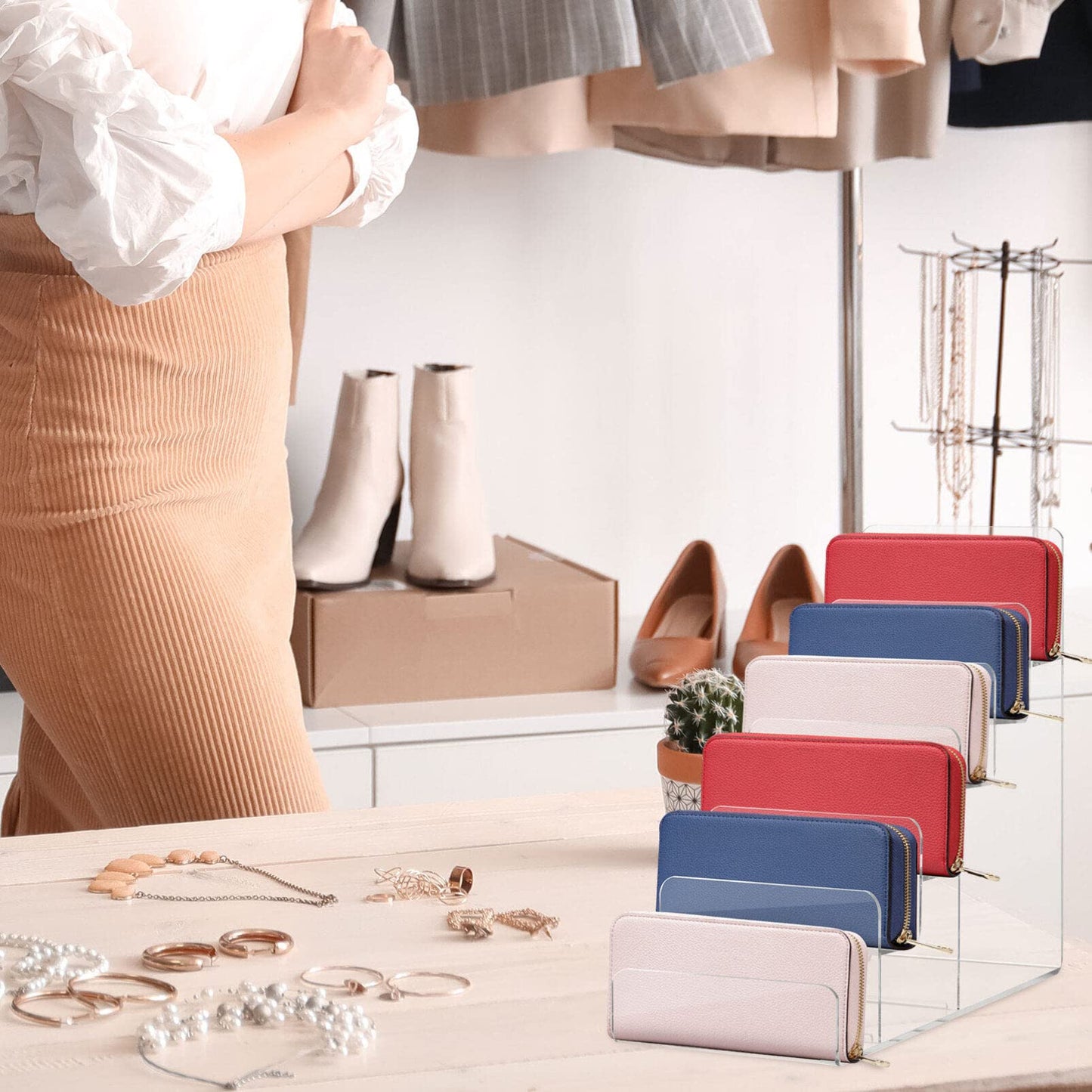 Cabilock 2Pcs 6-Tier Acrylic Clear Purse Rack, Transparent Handbag Organizer, Multi-Layer Jewelry Display Stand for Wallets, Glasses, Watches, and Accessories