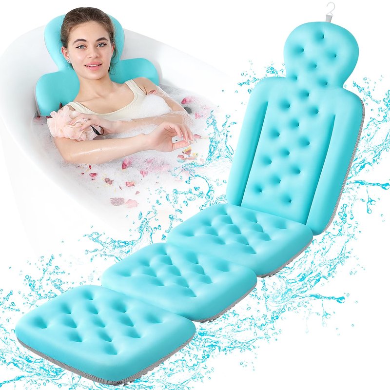Luxury Bath Cushion, Full Body Bathtub Pillow with 160 Suction Cups, Bath Mat for Head and Neck Support, with Laundry Bag (Blue, 60" x 16")