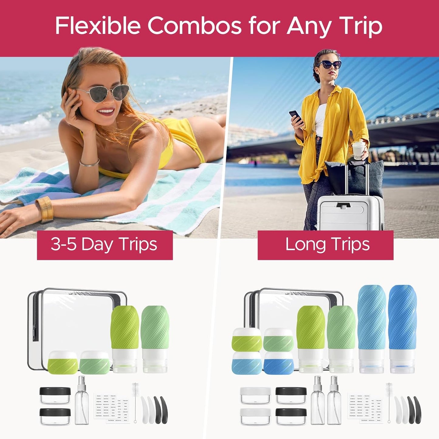 Travel Bottles Set - 23 Pack TSA Approved Leak Proof Containers | Silicone Squeezable Toiletry Kit in Clear Bag, Blue