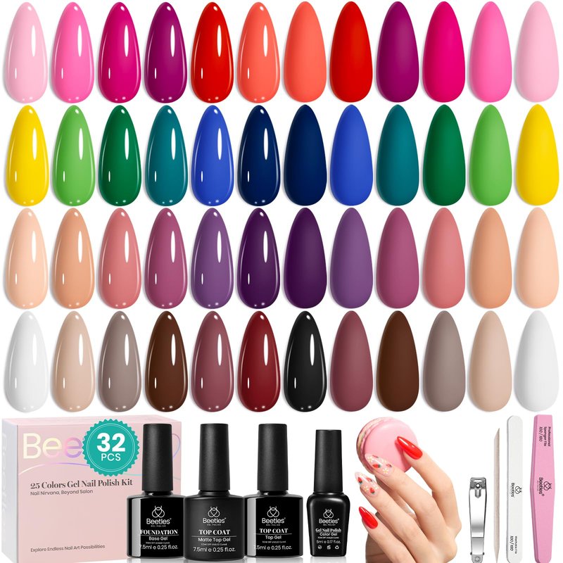 Beetles Summer Gel Polish Kit - Chic Outfits Collection 25 Colors Polish Set, Brown Purple Nude Red Black Color Gel Nails with 3Pcs Base Top Coat Soak off Uv Gel Manicure Kit Gift for Women