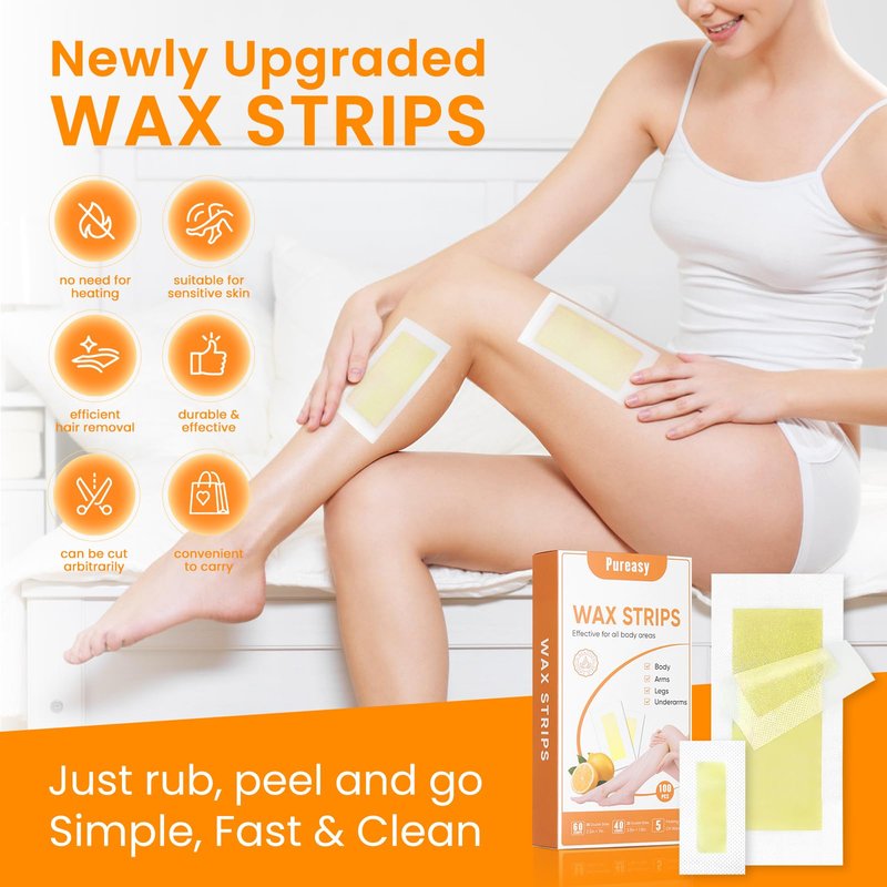 100 PCS Wax Strips for Hair Removal: 40 Facial & 60 Body Hair Removal Waxing Kit with Calming Oil Wipes - For Face, Eyebrow, Body, Arms, Legs, Bikini Area