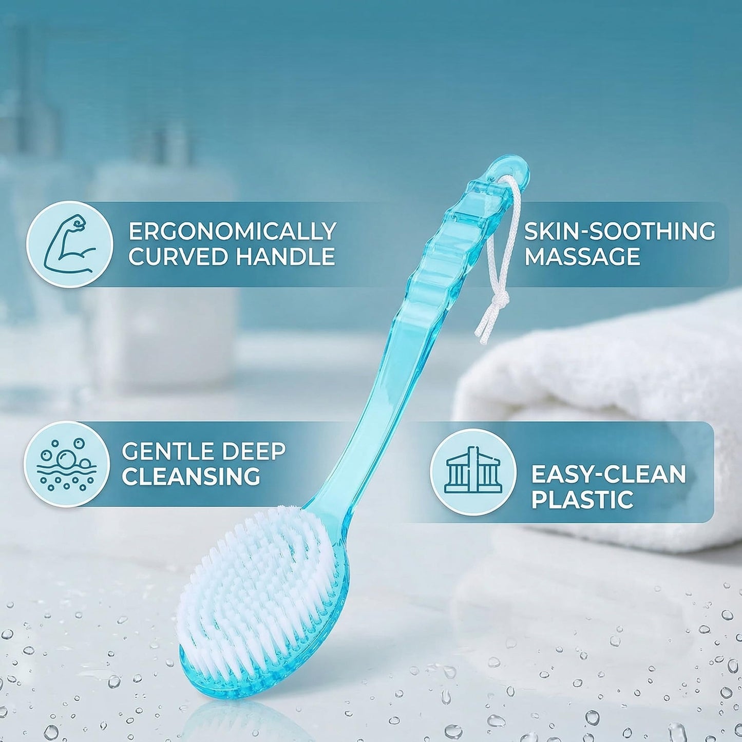 Ergonomics Long Handle Shower Brush, Exfoliating Back Scrubber with Stiff and Soft for Wet or Dry Brushing, Body Brush for Deep Cleansing and Massage -