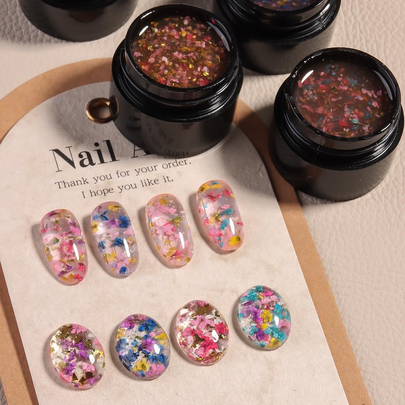 Fcozpjk Dried Flowers Gel Nail Polish, 4 Colors Flower Gel Nail Polish Soak Off UV/LED Nail Polish Spring Summer Floral Nail Design Translucent Jelly Gel Nail Polish Kit Home Manicure