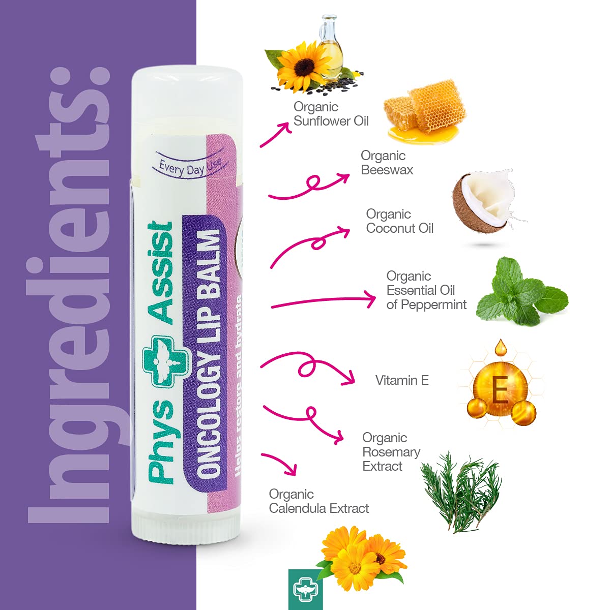 Oncology Lip Balm USDA Organic, Hydrate Dry, Parched Lips. Moisturizing -3 Pack