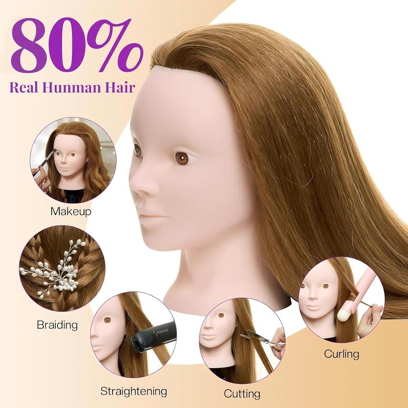 Skiennix 28" Mannequin Head - 80% Real Human Hair for Makeup Practice & Cosmetology Training