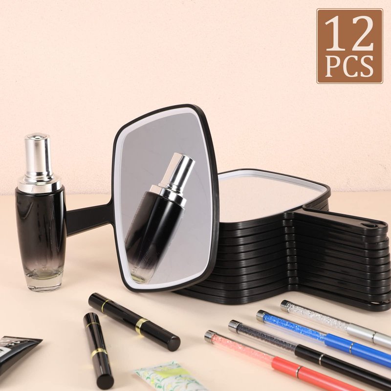 Geetery 12 Pcs Hand Held Mirrors with Handles Hand Makeup Mirrors Bulk Wall Mount for Women Cosmetic Bathroom Home Barber Salon Travel Portable Beauty School Gift, 6.69 x 9.45 Inch (Black)
