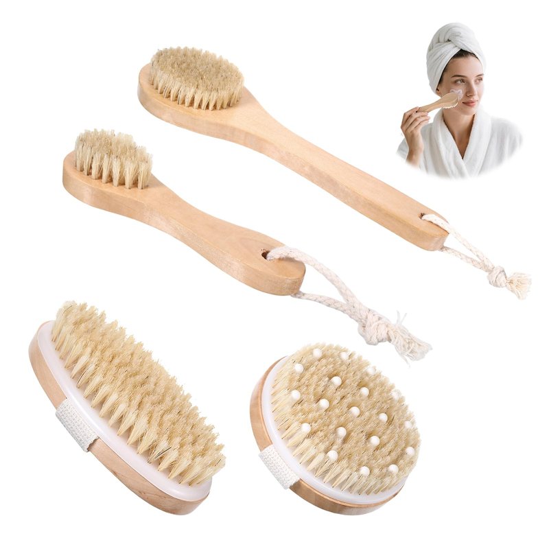 4Pcs Dry Brushing Body Brush Set, Dry Brush Natural Bristle for Back Massage Lipedema Shower Lymphatic Drainage and Cellulite Treatment Improve Blood Circulation, Bath Scrubber for Body