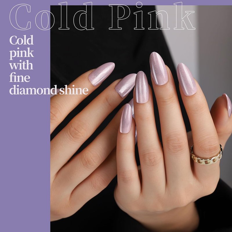 Almond Press On Nails - Cat Eye Glossy French Tip Set | 6 Iridescent Colors for Salon Quality Manicure
