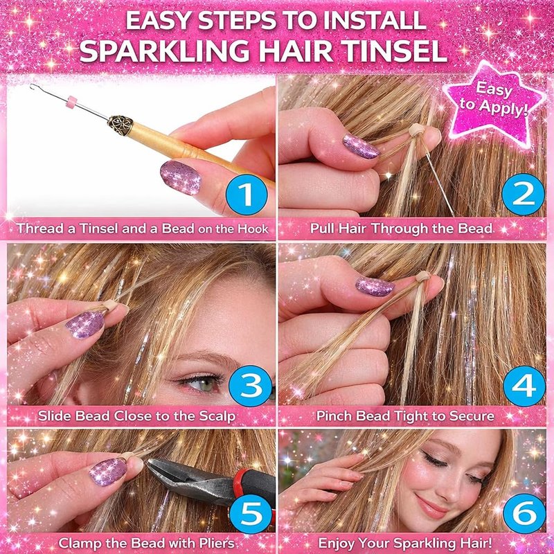 Hair Tinsel Kit, Fairy Tinsel Hair Extensions With Tool 6000 Strands 18 Colors Holographic Heat Resistant Sparkling Hair Glitter for Christmas New Year Party (48 Inch)