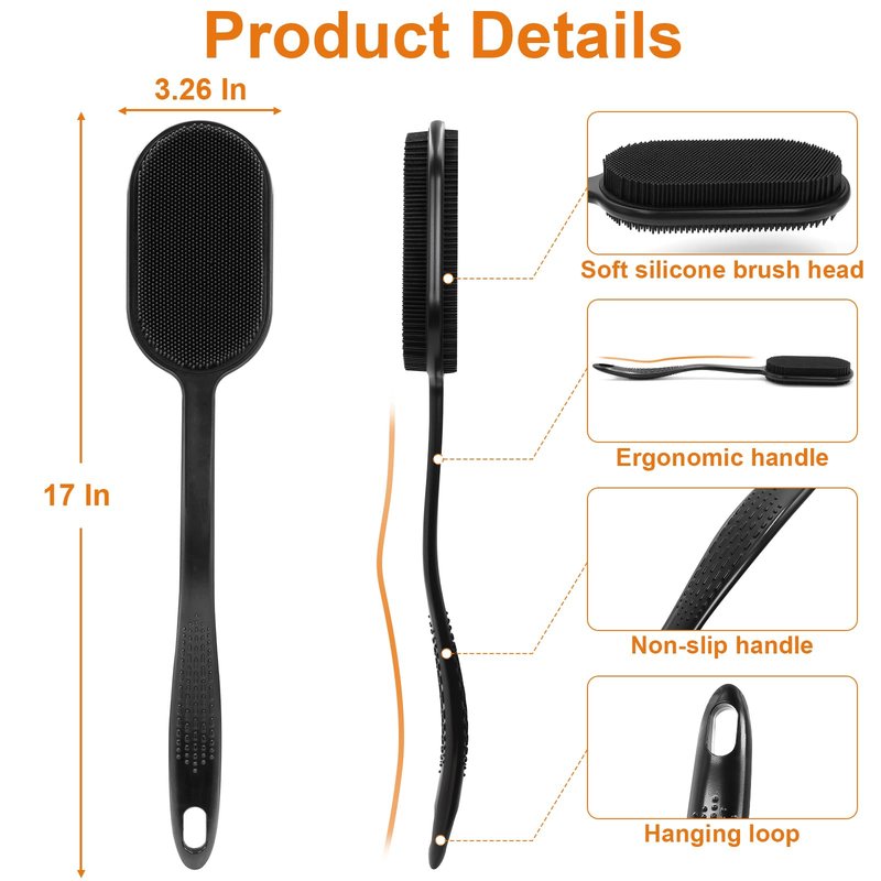Silicone Back Scrubber for Shower, Long Handle Silicone Body Scrubber with 5.4" Wide Brush Head, Double Sided Back Brush for Shower Exfoliating Massage, 16.5" Silicone Back Brush for Men & Women