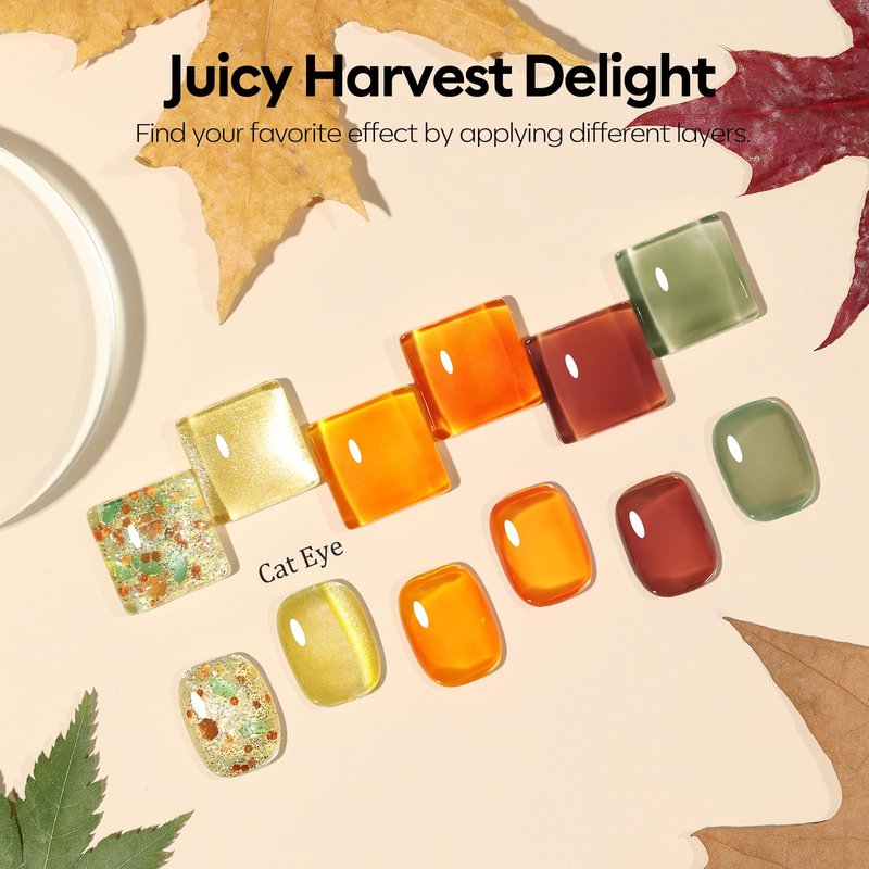 modelones Gel Nail Polish Set, 6 Colors Caramel Brown Orange Green Jelly Gel Polish Tortoise Yellow Gold Glitter Cat Eye Nail Polish with Magnet& Wooden Stick Soak Off LED DIY Gift