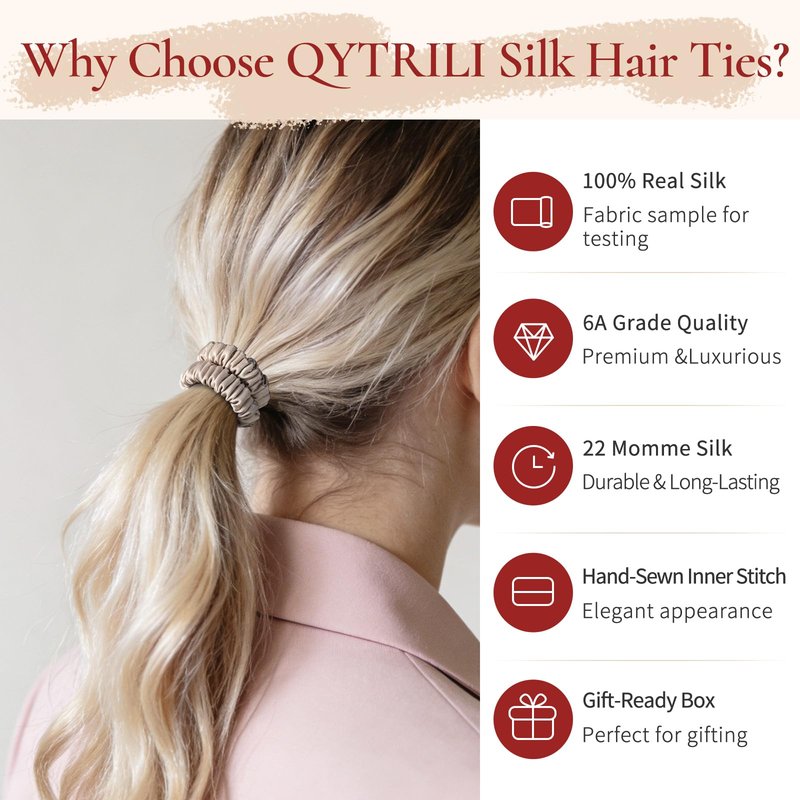 Silk Hair Ties Thin 0.4 Inch Wide, 100% Mulberry Silk 6A 22 Momme, Soft & Gentle No-Crease for Fine Hair, Ponytail Hold, Women & Girls, Fabric Sample Included (Black & Brown & Light Brown)