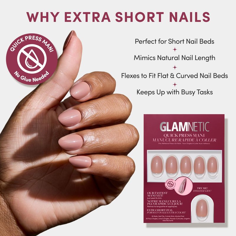 Glamnetic Quick Press Mani - Mess-Free Oval Extra Short Press-On Nails | 30 Nail Kit in 15 Sizes - Teddy