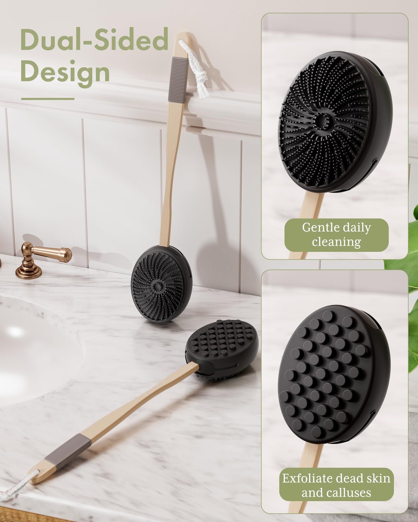 AmazerBath Silicone Body Scrubber with Long Wooden Handle, Dual-Sided Silicone Loofah for Men Women, Detachable Super-Exfoliating Body Scrubber and Super-Lathering Shower Brush Combination, Black