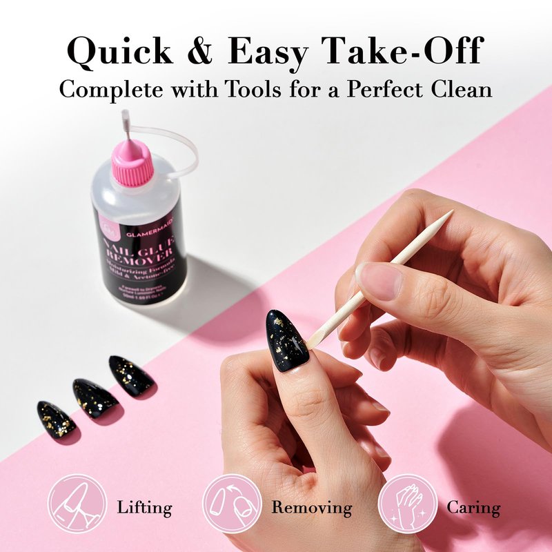 GLAMERMAID 50 ml Pinpoint Nail Glue Remover for Press on Nails Non-Acetone with 3 Orangewood Sticks, Multifunctional Gentle Glue Remover for Nails Tips Acrylic Nails Fake Nails