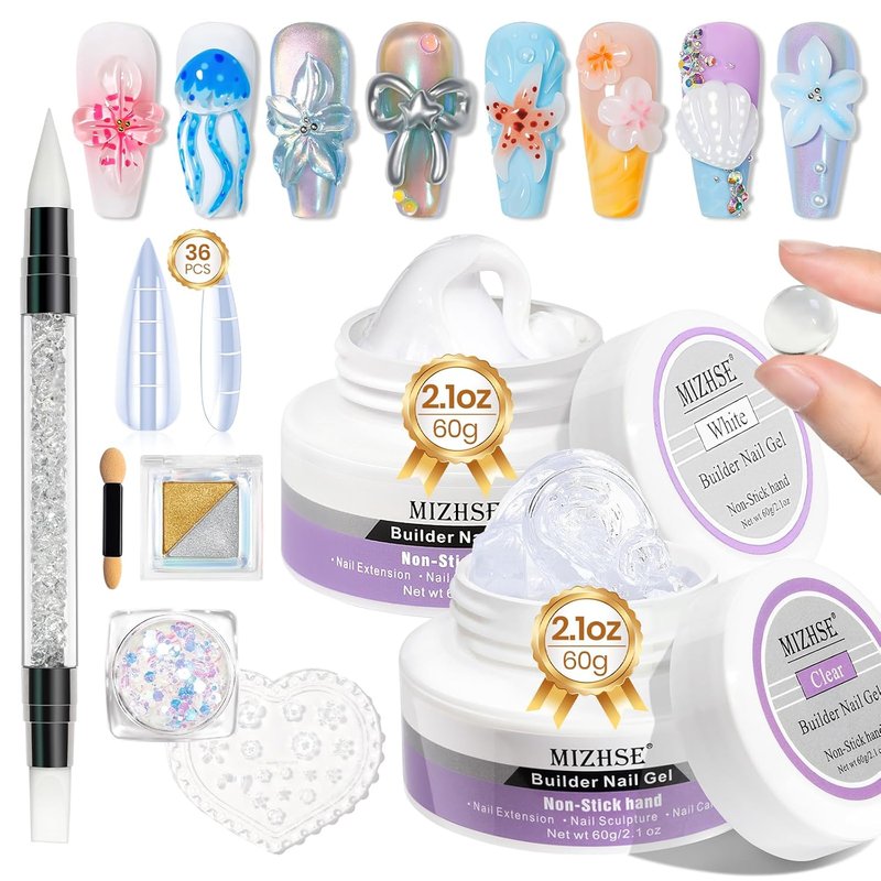 MIZHSE 2PCS 60g Builder Gel Set - Clear & White 3D Sculpting Gel with Gold & Silver Chrome Powder for DIY Nail Art