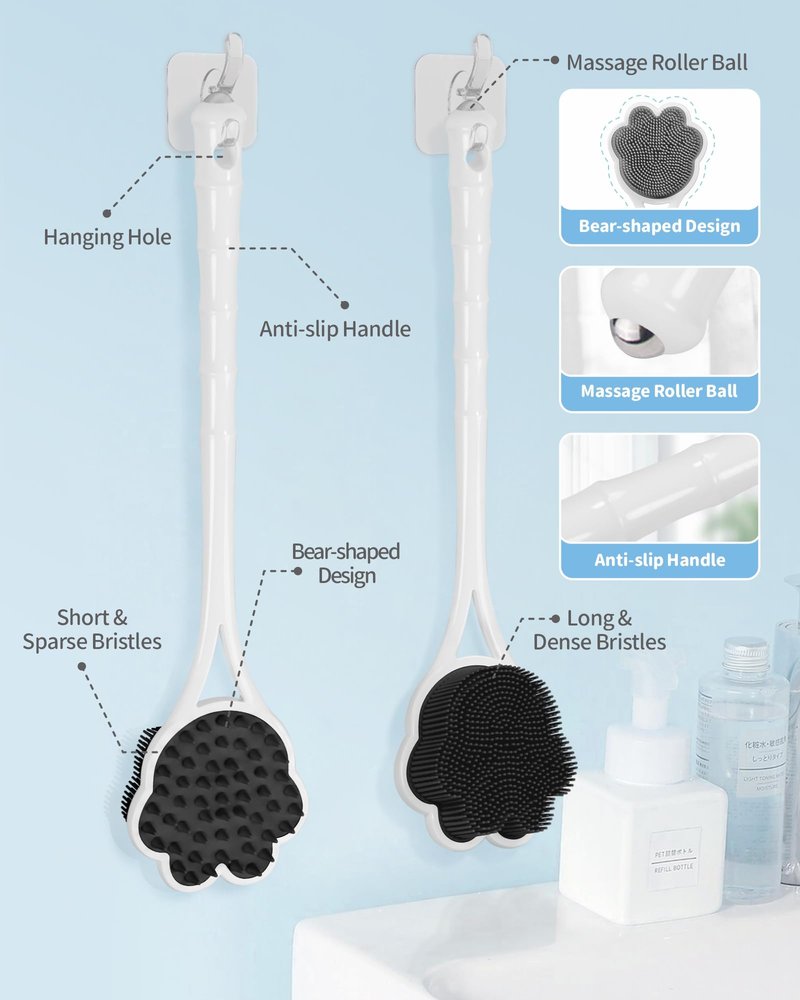 Manmihealth 15.7" Cute Silicone Body Scrubber & Soft Shower Brush Face Scrubber Set (3 PCS), Paw-Shaped Silicone Back Brush & Body Facial Scrubber with Super-Soft Bristles Combination(GraySet)