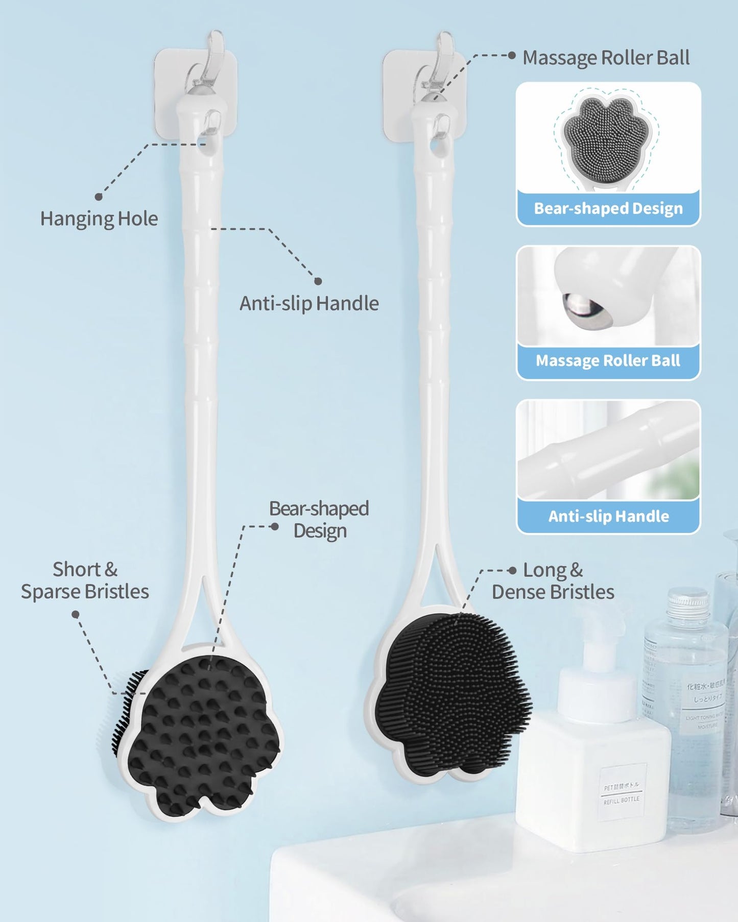 Manmihealth 15.7" Cute Silicone Back Scrubber with Long-Handle, Dual Use Back Brush for Shower with Super-Soft Silicone Bristles, Paw-Shaped Shower Body Scrubber for Sensitive Skin (Black)