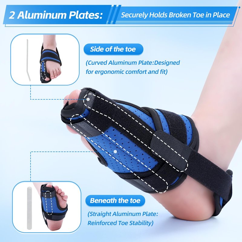 Chonario Big Toe Brace Splint for Broken, Turf Toe, Fracture, Arthritis, Sprains, Support for Women & Men, with 2 Removable Metal Plates - Blue Left