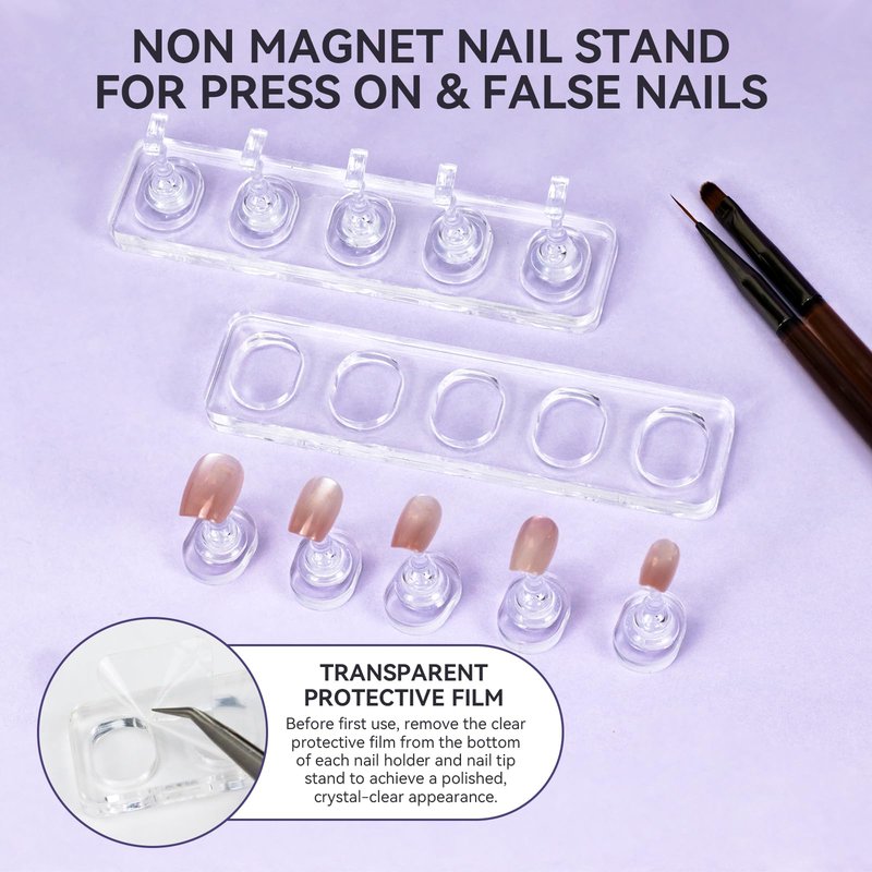 ESUOHYM Non Magnet Nail Stand for Press On Nails Holder Painting Practice Display Fake Nails, Nail Tip Holders with Oval Stand Base for Handheld Diy Design & 200pcs Double-Sided Tapes Home Salon