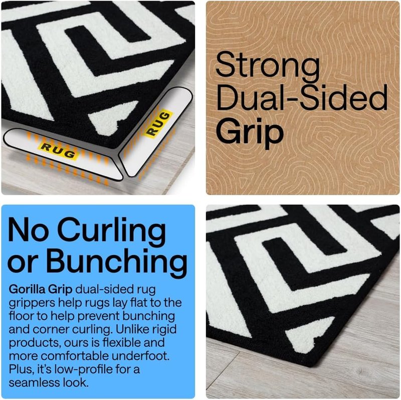 GORILLA GRIP® Rug Gripper Pads - Extra Long Double-Sided Adhesives for Area Rugs | 8 Pcs, Renter Friendly