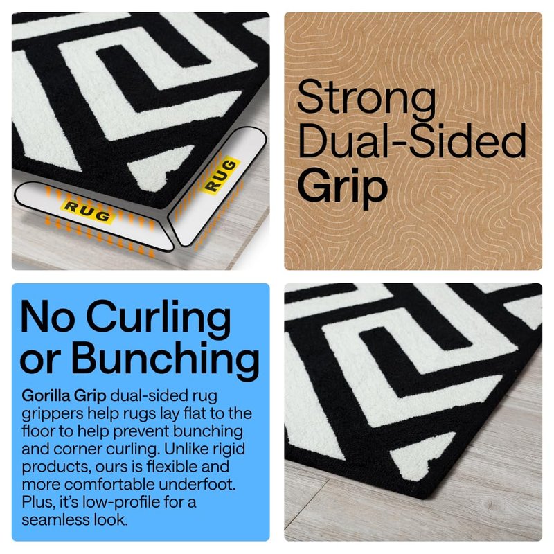 GORILLA GRIP® Rug Gripper Pads, Extra Long Reusable Double-Sided Adhesives Keep Area Rugs Corners Flat, Grips Hardwood, Tile and Laminate Floors, Renter Friendly, Holds Down Carpet in Place, 8 Pcs